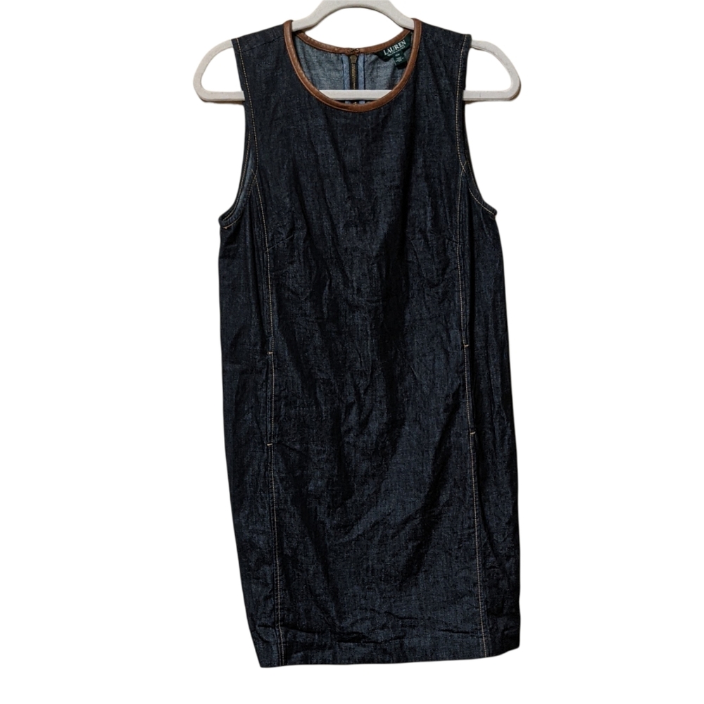 Lauren Ralph Lauren RL denim dark wash dress jumper leather trim 10p